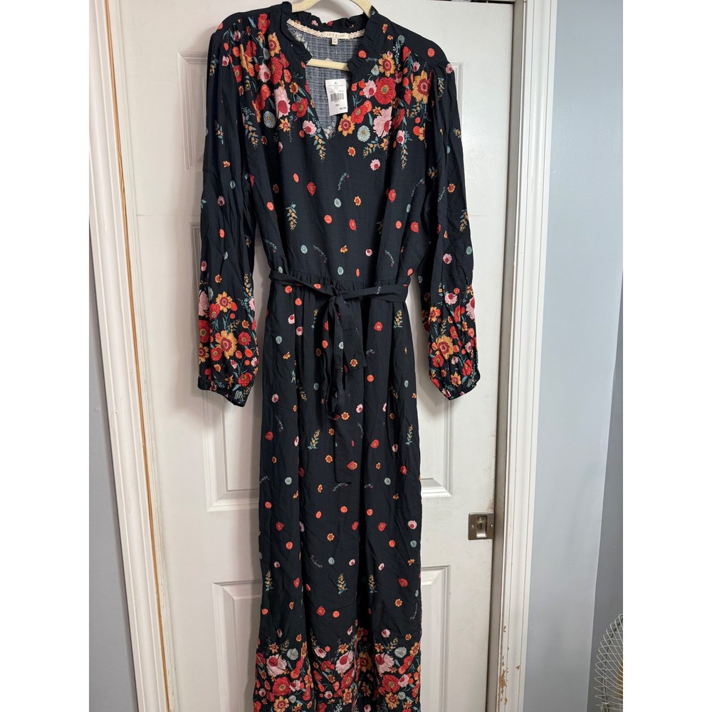Kate & Sam Black Floral Border Print Maxi Dress Ruffle V-Neck XXL Boho NWT